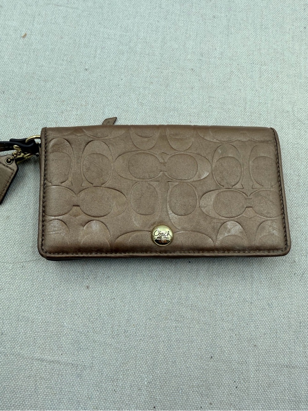 Coach Embossed Signature Wallet in Taupe Brown with Gold Accent